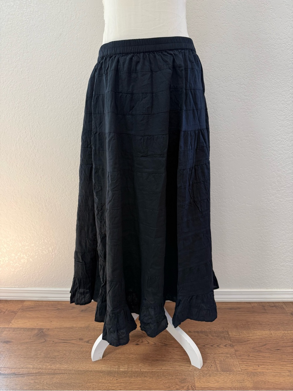TRAVEL SMITH Black Tiered Maxi Skirt - Womens Cotton Elastic Waist Size M